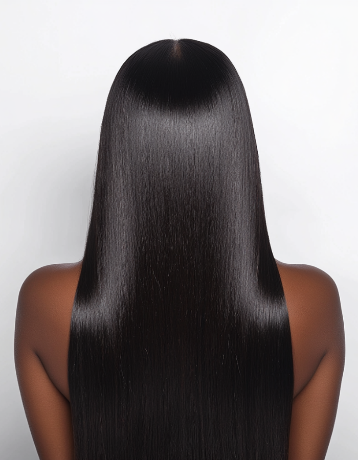A lady wearing a long silky bonestraight n natural black 