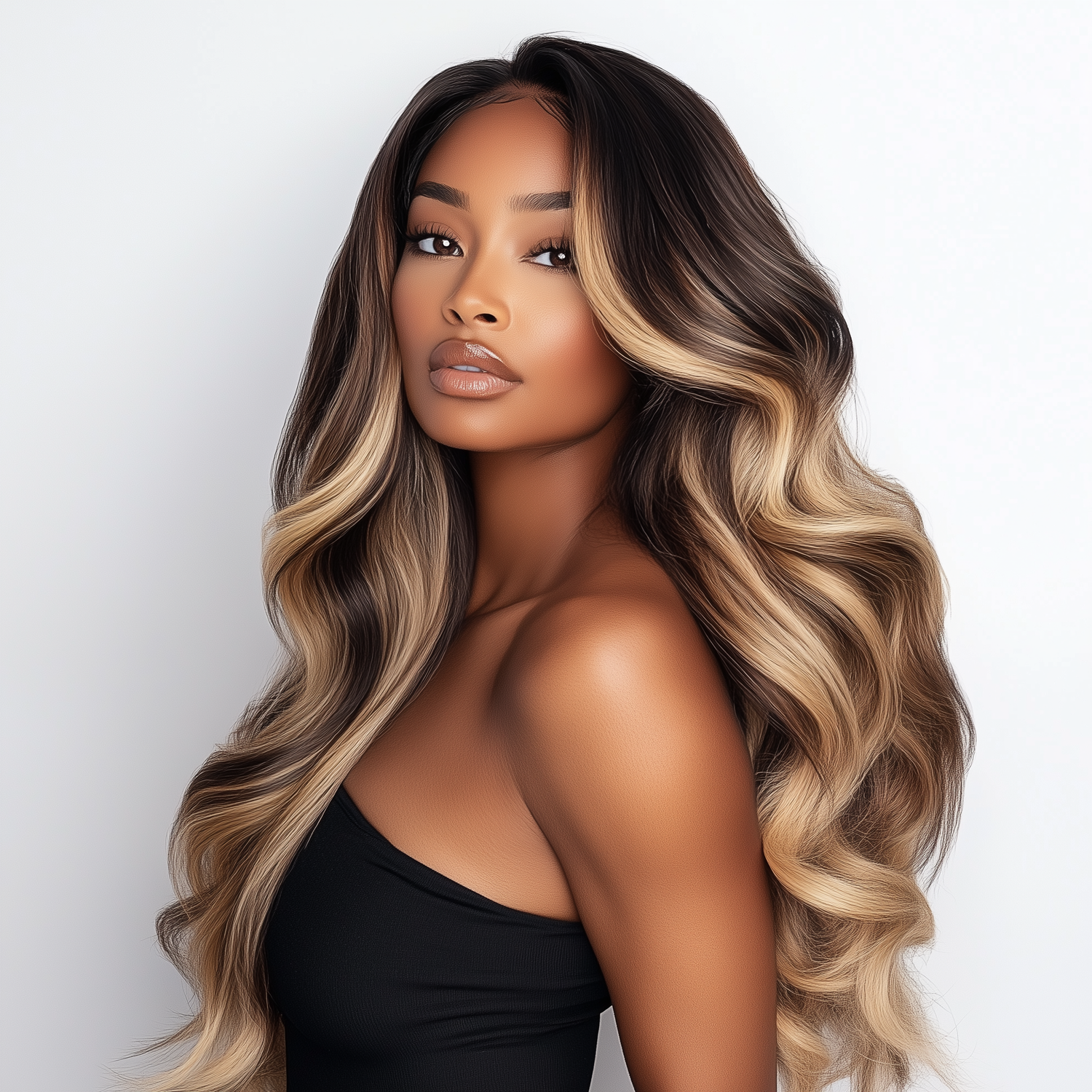 Wavy blonde highlighted wig on a black lady